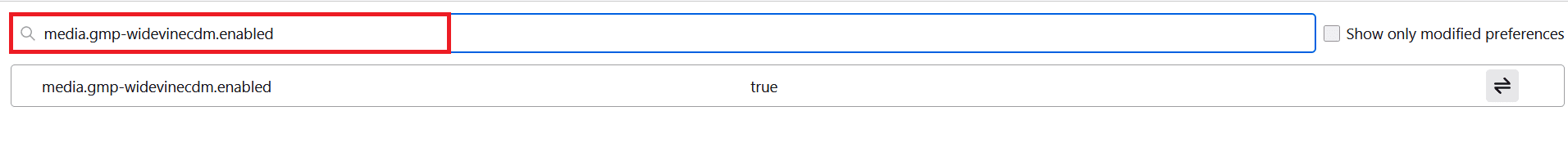 escriba media.gmp-widevinecdm.enabled en el nombre de la preferencia de búsqueda