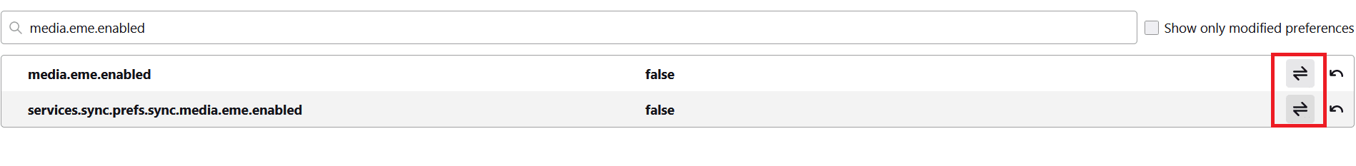 Klicken Sie auf die Pfeiltasten in der rechten Ecke und ändern Sie die Einstellungen auf „false“.