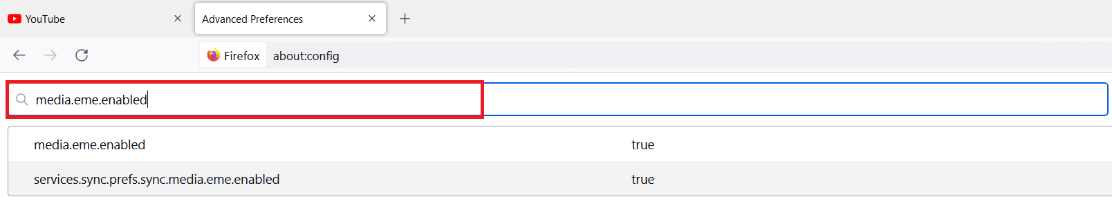 พิมพ์ media.eme.enabled ในช่องค้นหาการตั้งค่าการค้นหา