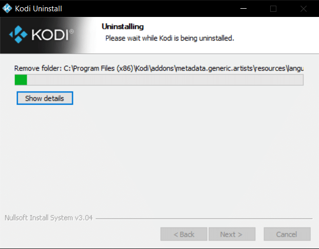 disinstalla Kodi nella procedura guidata di disinstallazione di Kodi. Correzione dell'aggiornamento di Kodi non riuscito