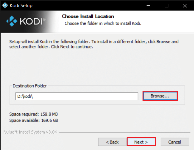 haga clic en examinar para seleccionar la carpeta de destino y haga clic en siguiente en la ventana del instalador de kodi