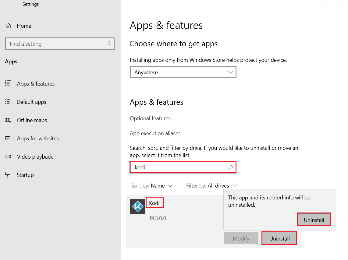 disinstalla Kodi media player dalle app e dall'impostazione delle funzionalità