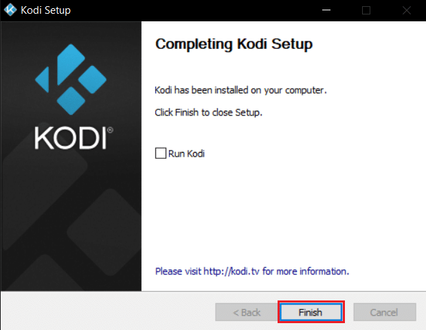 haga clic en Finalizar para completar la instalación de la aplicación kodi