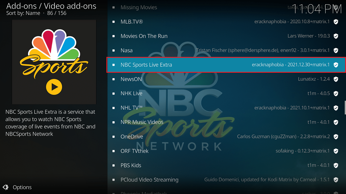 selecione o complemento ao vivo da NBC Sports no kodi