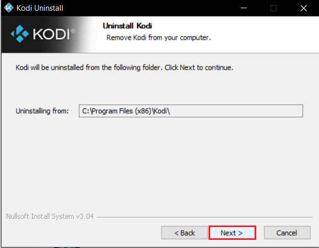 haga clic en Siguiente en el asistente de desinstalación de Kodi después de seleccionar la ubicación de instalación. Reparar la actualización de Kodi falló