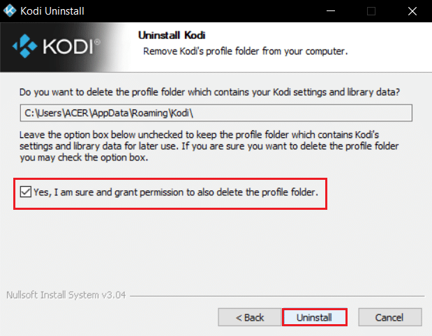 檢查是的，我確定並授予刪除配置文件文件夾的權限，然後在 Kodi 卸載嚮導中單擊下一步