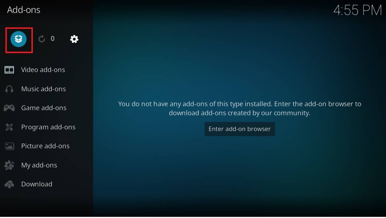 Clique no ícone de caixa aberta no painel esquerdo do menu Add ons. Falha na atualização do Kodi