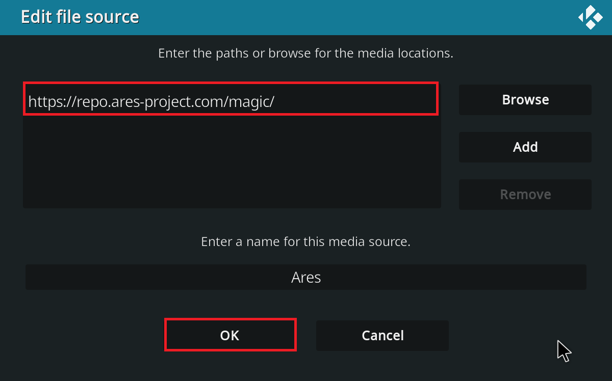 أدخل عنوان URL الجديد في حقل النص. انقر فوق موافق. إصلاح فشل تحديث Kodi