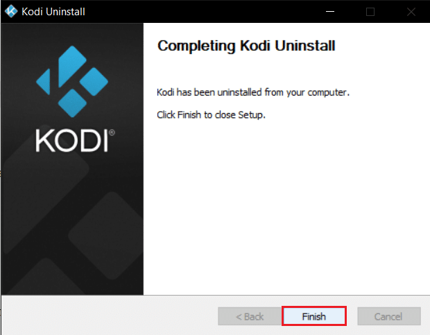 clique em Concluir no assistente de desinstalação do Kodi