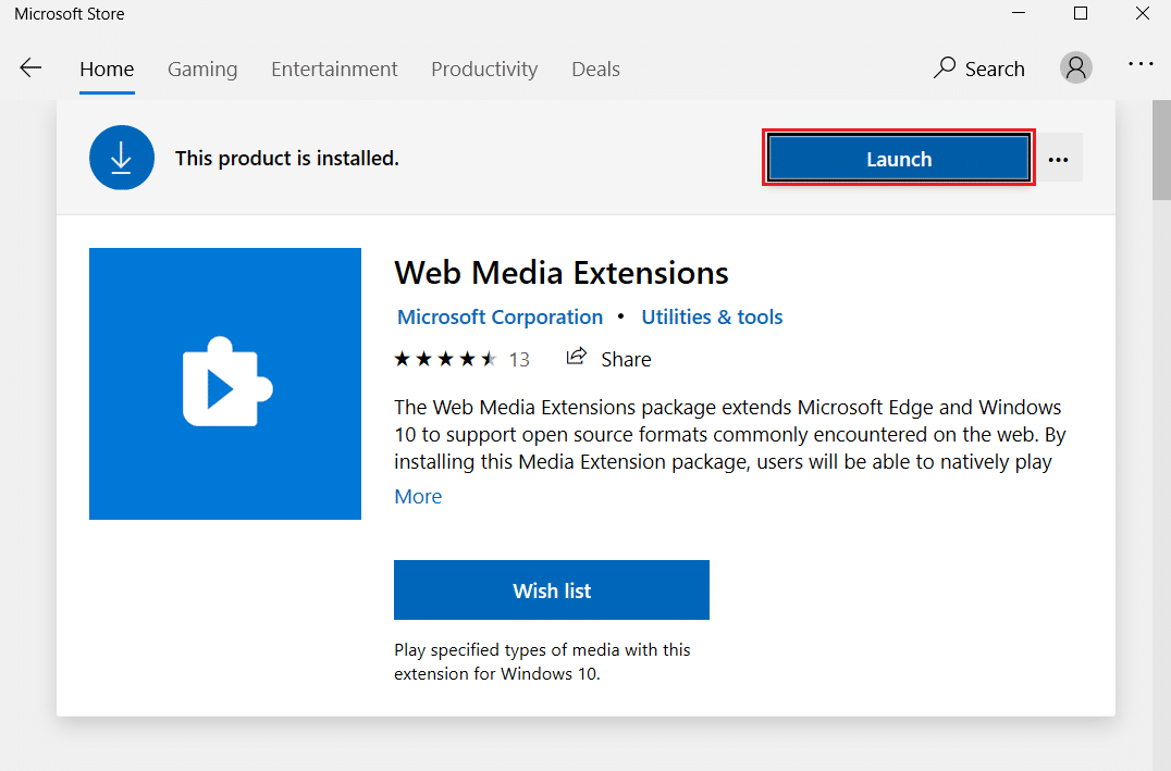 faceți clic pe butonul Lansare din extensiile media web Microsoft Store. Cum să redați fișiere OGG pe Windows 10