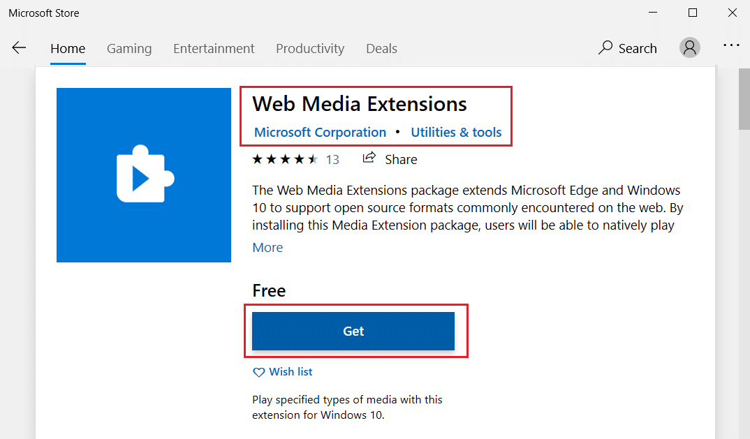 fare clic sul pulsante Ottieni per le estensioni multimediali Web in Microsoft Store