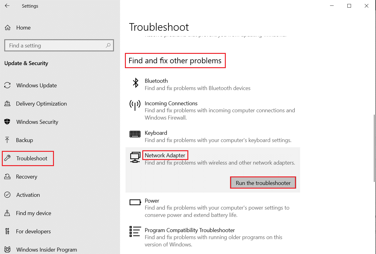 Ejecute el solucionador de problemas para adaptadores de red en la sección Buscar y solucionar otros problemas en la configuración de solución de problemas