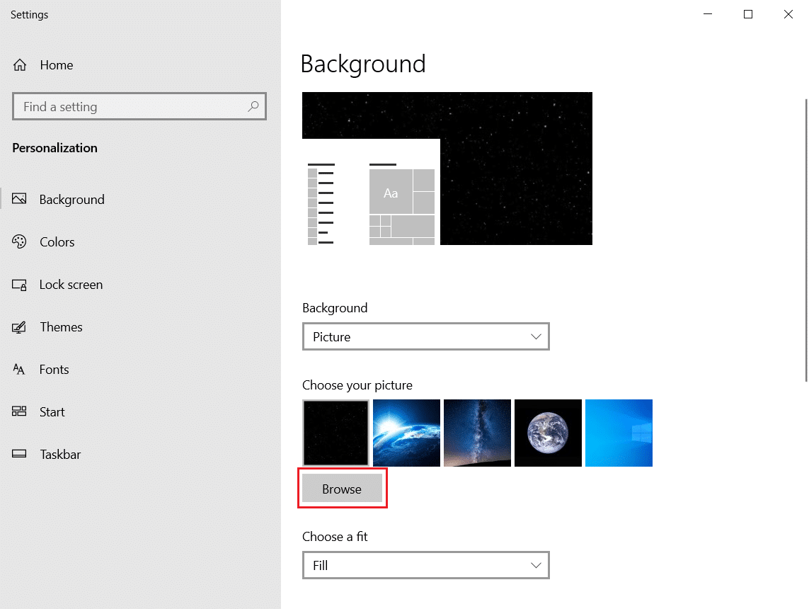 fare clic sul pulsante Sfoglia nelle impostazioni di personalizzazione. Come creare desktop minimalista su Windows 10