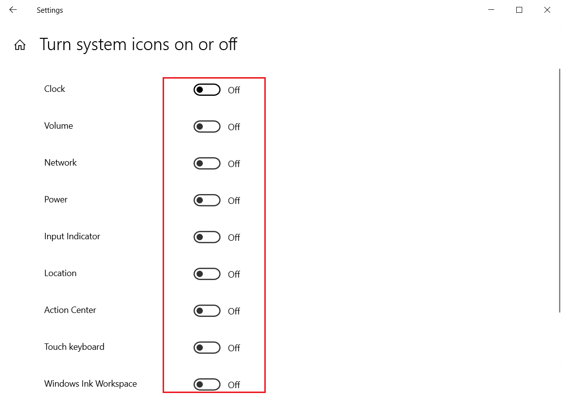 désactiver la bascule pour toutes les icônes de l'application système dans le menu d'activation ou de désactivation des icônes du système