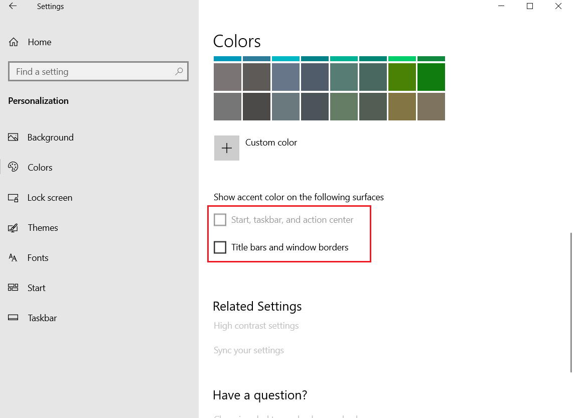 Renkler menüsü kişiselleştirme ayarında Başlat, Görev Çubuğu ve Eylem Merkezi ve Başlık çubukları ve pencere kenarlıklarının her iki seçeneğinin işaretini kaldırın.