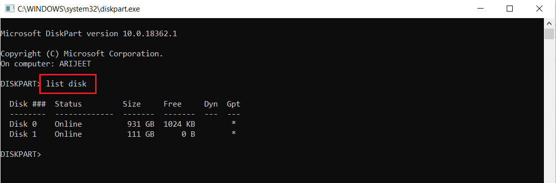 ป้อนคำสั่ง list disk ในพรอมต์คำสั่ง Diskpart หรือหน้าต่าง cmd ที่ยกระดับ แก้ไขไม่สามารถสร้างพาร์ติชันใหม่ที่ไม่ได้จัดสรรพื้นที่บน Windows 10