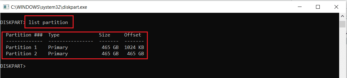 รันคำสั่ง list partition ในพรอมต์คำสั่ง Diskpart หรือหน้าต่าง cmd แก้ไขไม่สามารถสร้างพาร์ติชันใหม่ที่ไม่ได้จัดสรรพื้นที่บน Windows 10