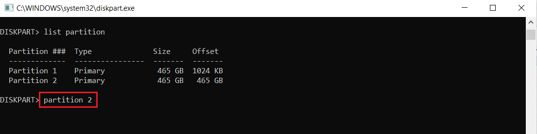 digita il comando partizione 2 nel prompt dei comandi di diskpart o cmd