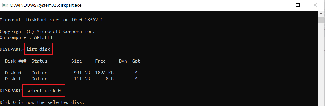 執行命令 list disk 然後選擇磁盤 0 並在命令提示符或 cmd 中輸入 list partition