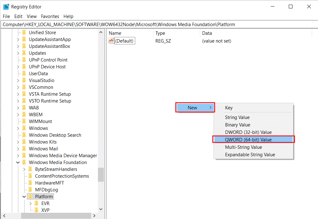 sélectionnez nouveau et cliquez sur qword 32 bits dans l'éditeur de registre du dossier de clé de plate-forme