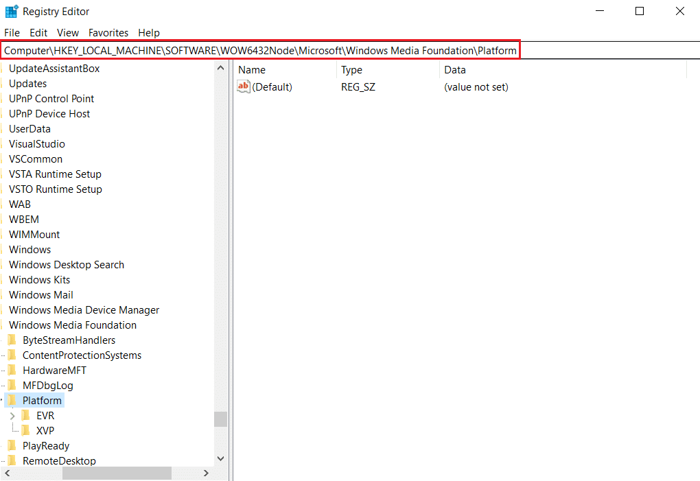 ไปที่คอมพิวเตอร์ HKEY LOCAL MACHING SOFTWARE WOW6432Node Microsoft Windows Media Foundation Platform ตำแหน่งจากแถบที่อยู่ใน Registry Editor