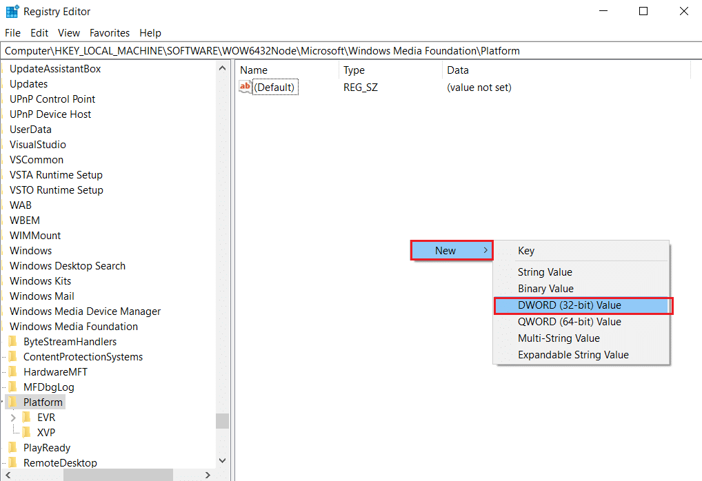 selectați nou și faceți clic pe dword 32 de biți în editorul de registru al folderului cheie de platformă. Remediați eroarea 0xa00f4244 Nicio cameră nu este atașată