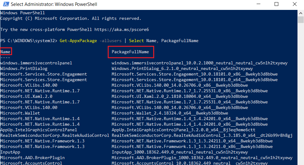 desplácese hacia abajo por el nombre completo y el nombre del paquete en Windows PowerShell. Solucione el error 0xa00f4244 sin cámaras conectadas