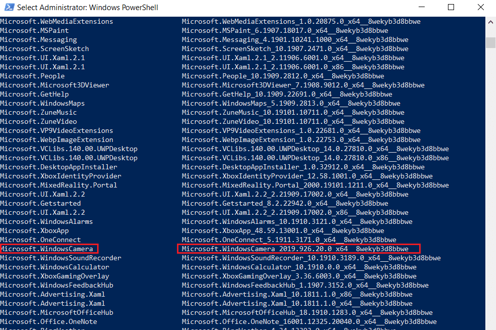 在 windows powershell 中復制 windows 相機包名稱。修復相機錯誤代碼0xa00f4271