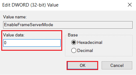 Modifiez la valeur dword enableframeservermode et remplacez les données de valeur par 0