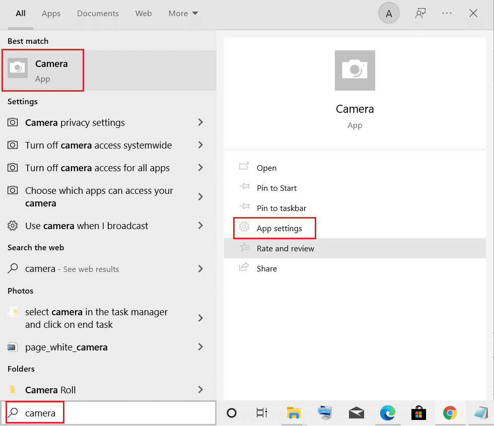 sélectionnez les paramètres de l'application dans l'option de l'application Appareil photo dans le menu de recherche Windows