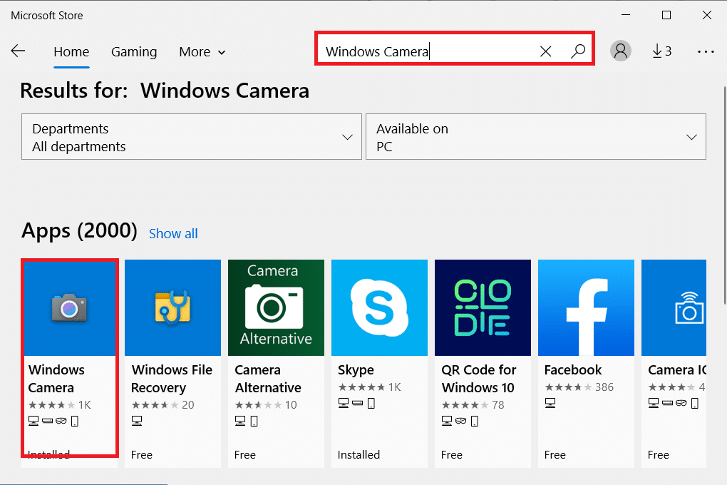 Seleccione este programa presionando el botón Buscar en la parte superior derecha y escribiendo Cámara de Windows. Arreglar 0xa00f4244 No hay cámaras adjuntas Error