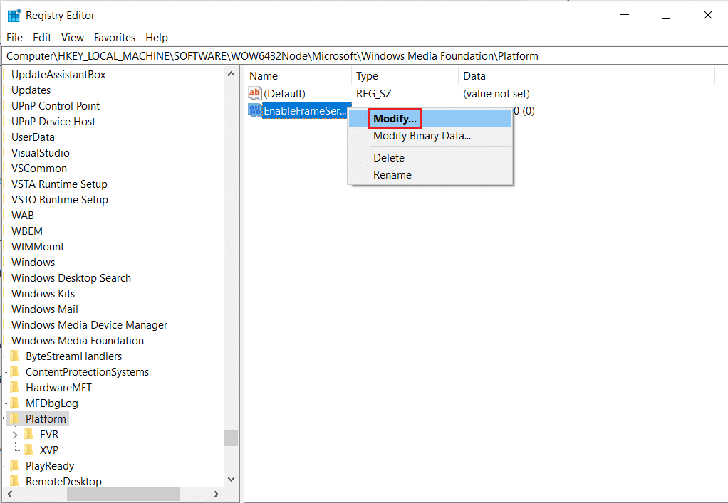 faites un clic droit sur enableframeservermode et sélectionnez l'option de modification dans l'éditeur de registre de lecture. Correction de l'erreur 0xa00f4244 Aucune caméra n'est connectée