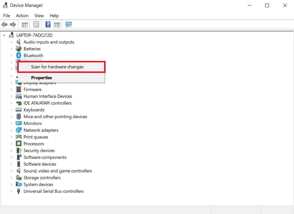 Buscar cambios de hardware haciendo clic con el botón derecho en cualquier entrada y seleccionando Buscar cambios de hardware