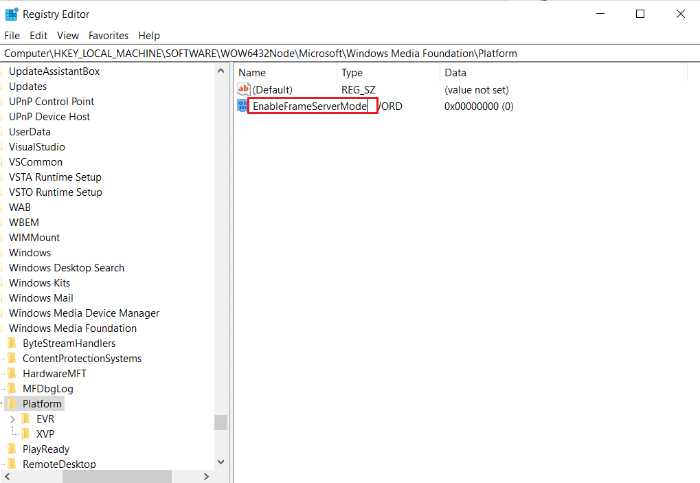 cambie el nombre del valor como enableframeservermode en el editor de registro de la carpeta de claves de la plataforma