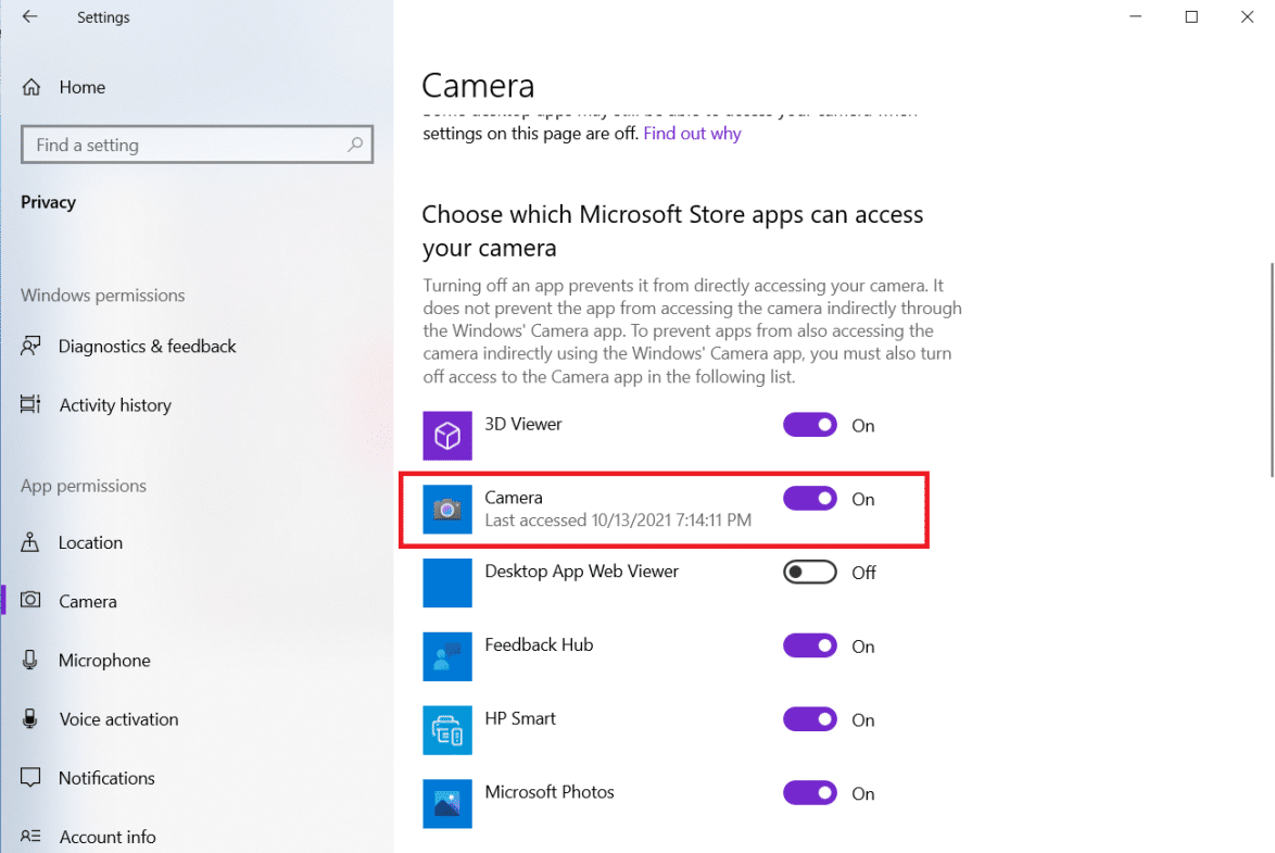 Sous Choisir les applications du Microsoft Store pouvant accéder à votre appareil photo, réglez Appareil photo sur Activé