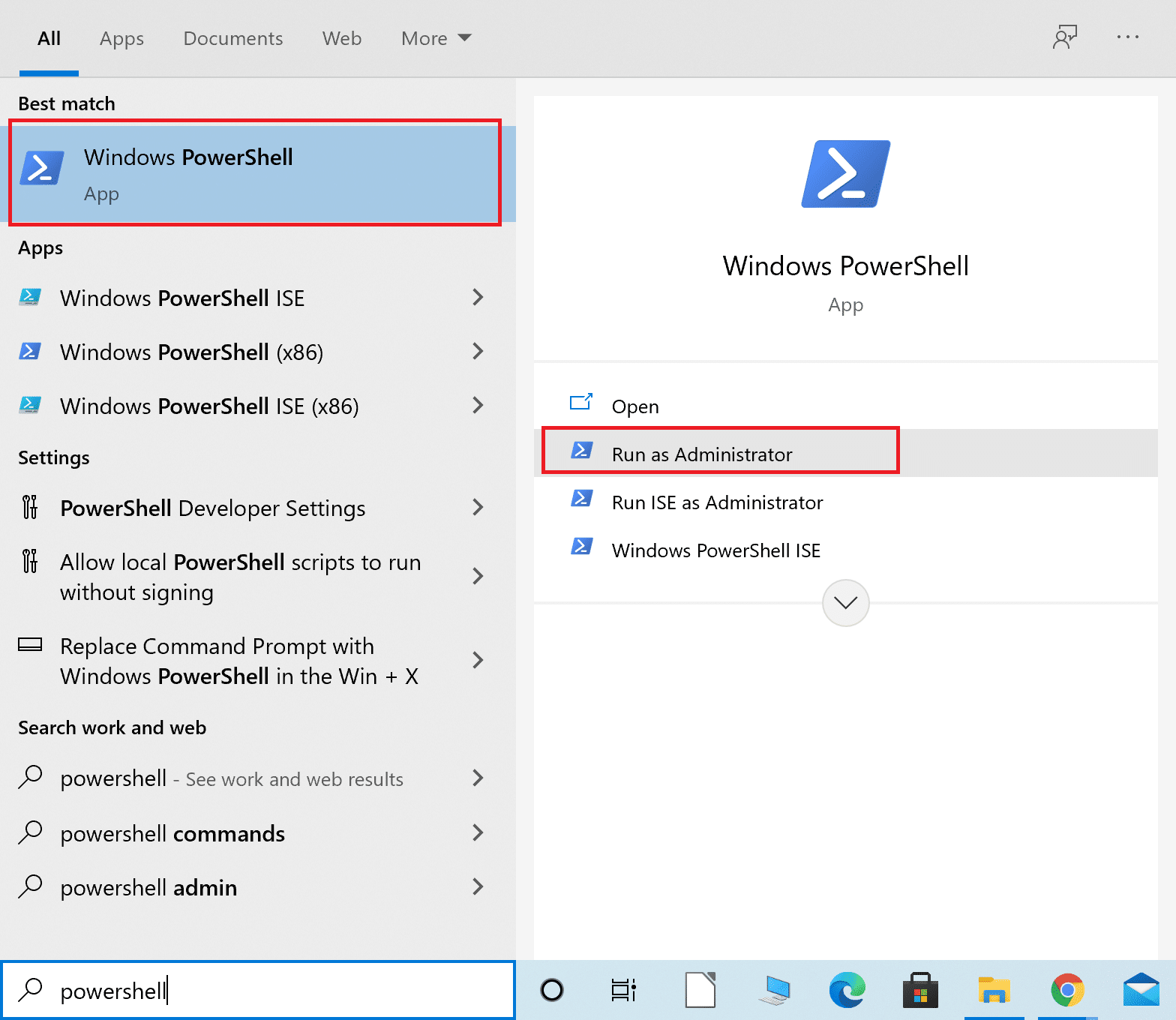 Tastați Powershell în bara de căutare Windows. Selectați Executare ca administrator