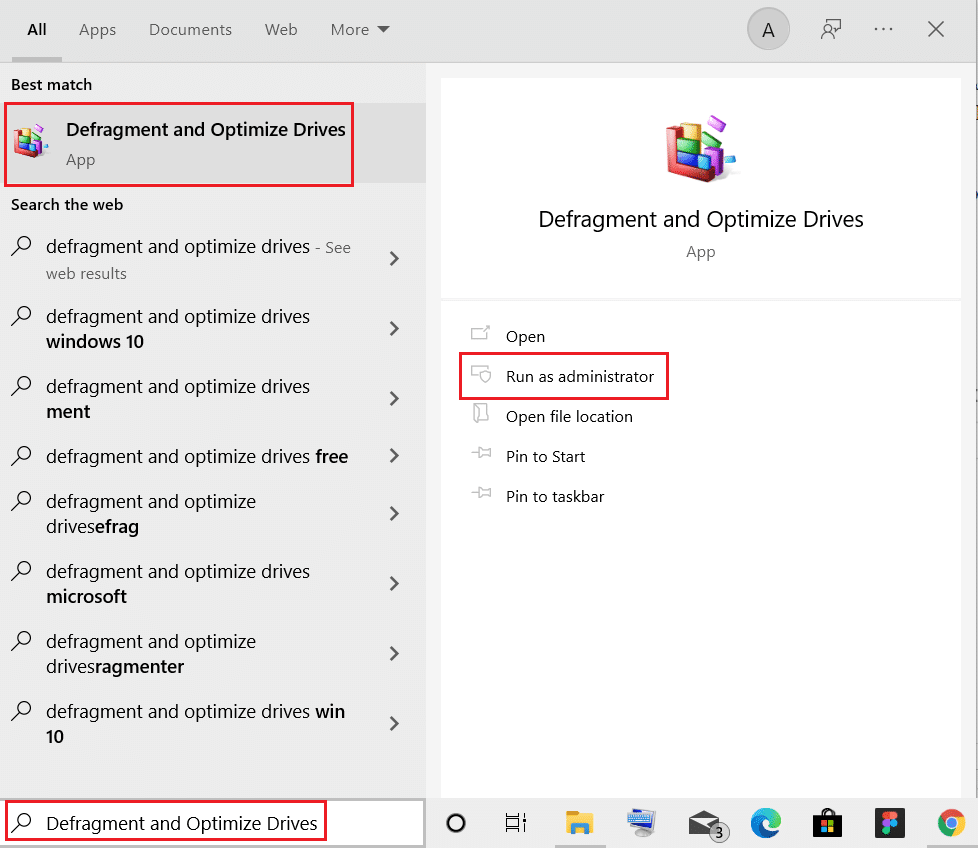 Execute Desfragmentar e Otimizar Unidades como administrador na barra de pesquisa do Windows