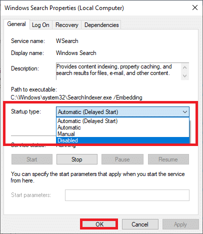 Qui, nella scheda Generale, imposta il Tipo di avvio su Disabilitato dal menu a discesa. Correzione dell'utilizzo elevato del disco di Ntoskrnl.exe