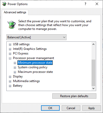 Aquí, en el menú Configuración avanzada, expanda la opción Administración de energía del procesador. Arreglar el alto uso de disco de Ntoskrnl.exe