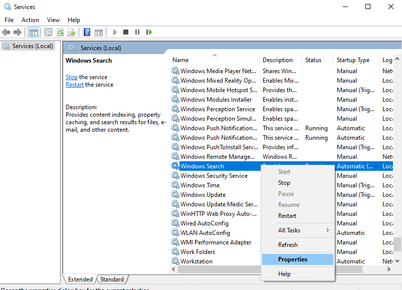 Ahora, desplácese hacia abajo en la pantalla y haga clic con el botón derecho en Servicio de búsqueda de Windows y seleccione Propiedades