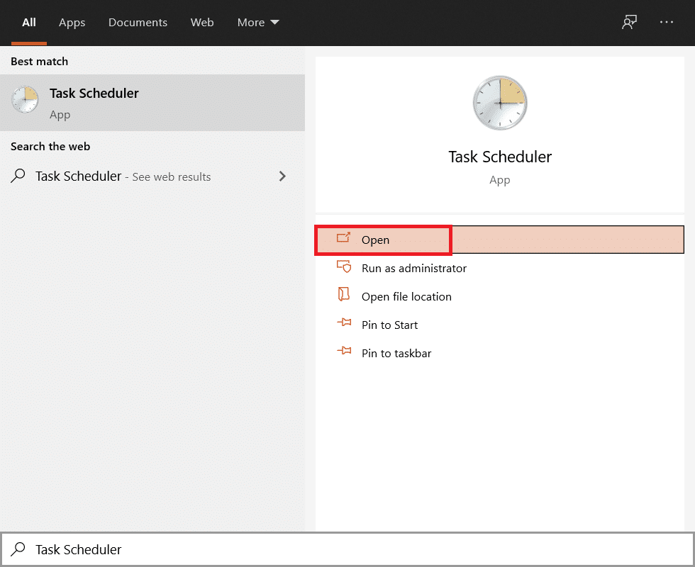 Escriba Programador de tareas en el menú Inicio y haga clic en Abrir en el panel derecho.