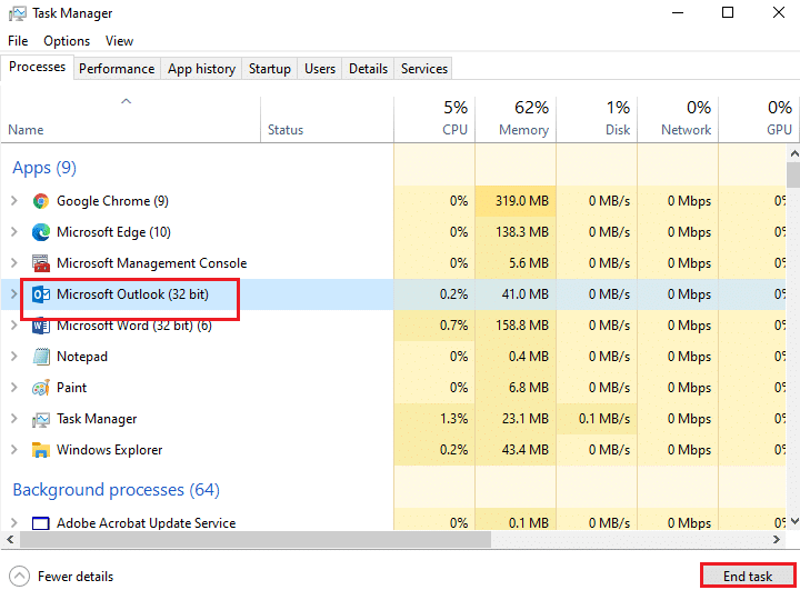 在任务管理器窗口中，单击进程选项卡。修复 Ntoskrnl.exe 高磁盘使用率