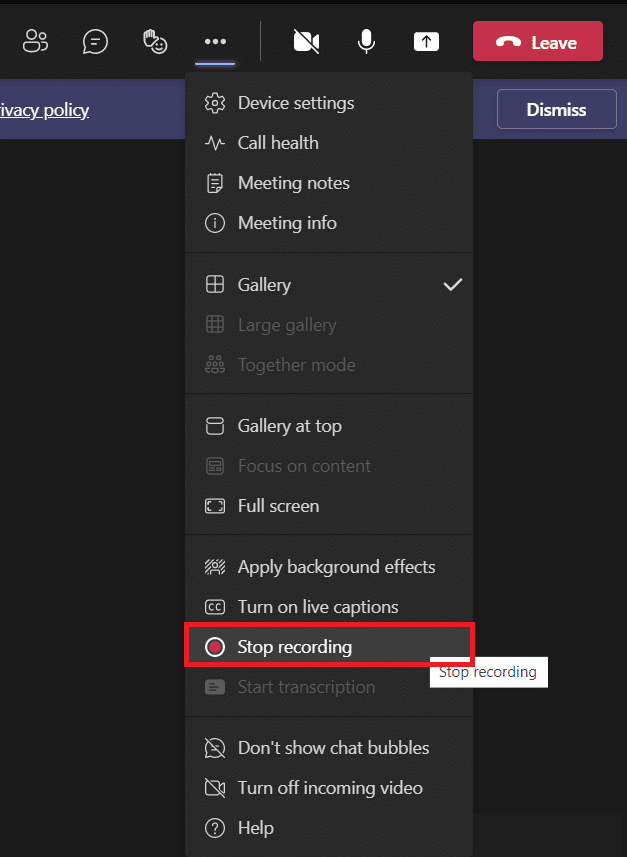 toplantı kaydını durdurmak için üç noktayı tıklayın ve Kaydı durdur'u seçin. Microsoft Teams Kayıtları Nerede Depolanır? Kayıtlı Videolara Nasıl Erişilir, İndirilir ve Paylaşılır?