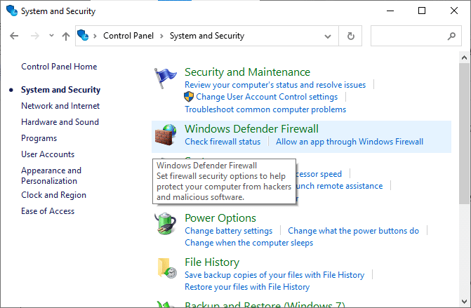 現在，單擊 Windows Defender 防火牆。修復 Warframe 更新失敗