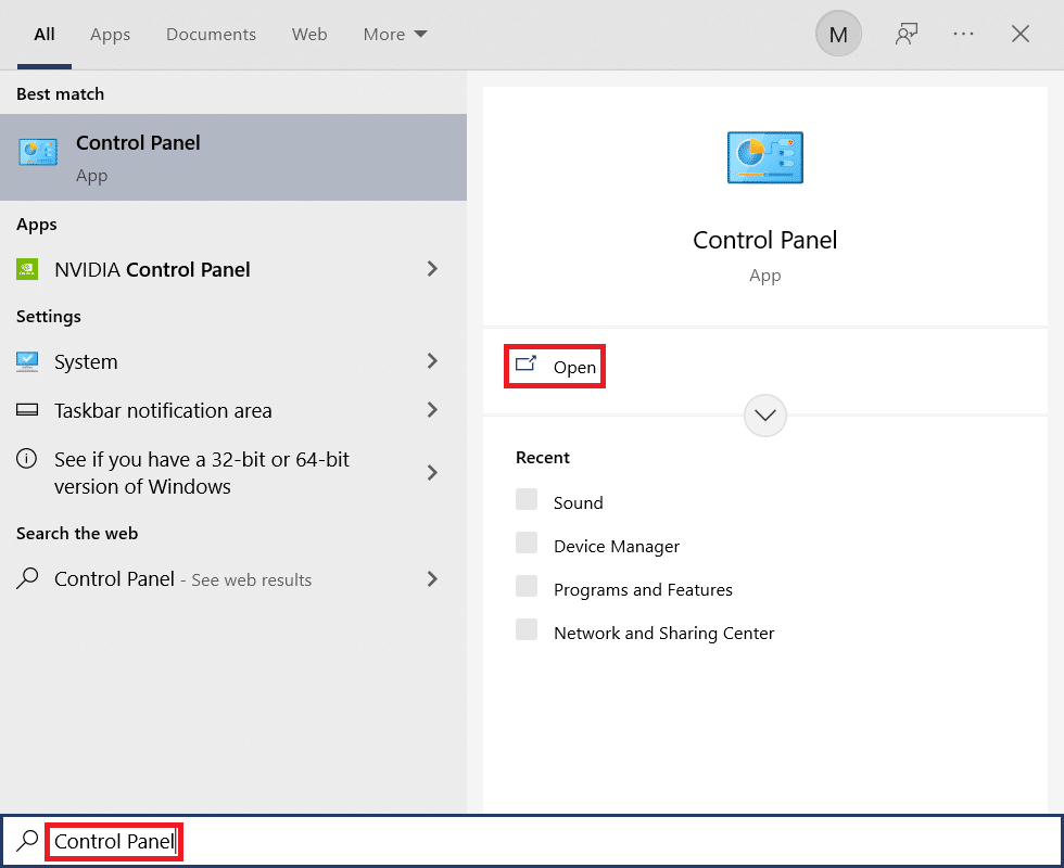 Resultados da pesquisa do menu Iniciar para o Painel de Controle