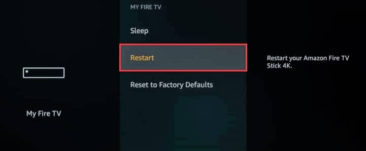 sélectionnez l'option de redémarrage dans amazon firestick