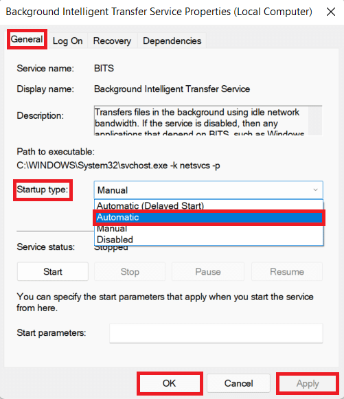 Propriedades do Serviço de Transferência Inteligente em Segundo Plano na janela Serviços. Corrigir o erro de instalação do Windows Update 0x8007012a