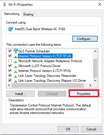 Fare clic su Protocollo Internet versione 4 e fare clic su Proprietà. Correggi l'errore di installazione di Windows Update 0x8007012a