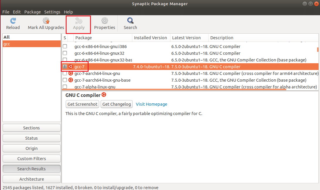 gcc 7'yi seçin ve sinaptik paket yöneticisi Ubuntu linux'ta uygula düğmesine tıklayın