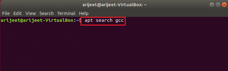 comando apt search gcc no terminal linux do Ubuntu. Como instalar o GCC no Ubuntu